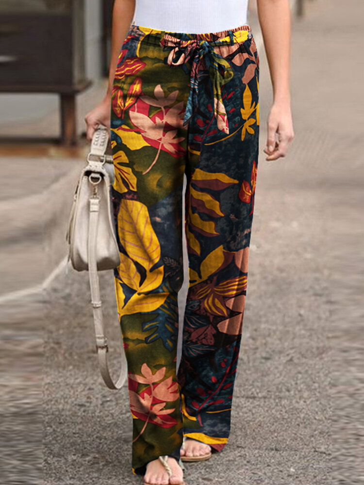 Retro stijl hoge elastische taille blad bloemenprint zak vintage broek met riem