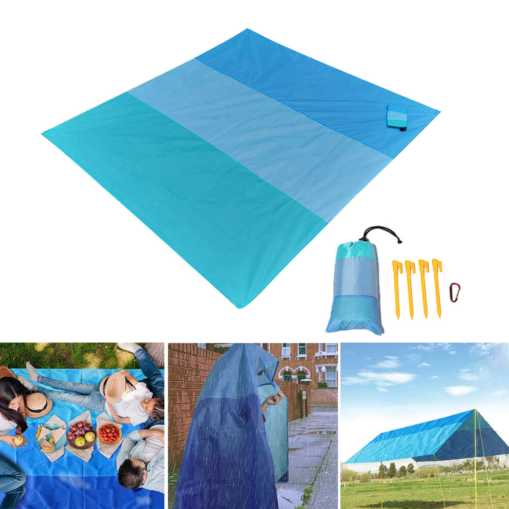 Manta de playa impermeable multifuncional plegable de 200x210cm con clavija para el suelo y mosquetón para camping y viajes, también se puede usar como sombrilla.