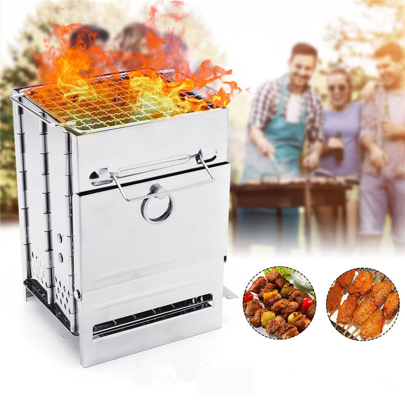 Stainless Steel Square Folding Portable Barbecue BBQ Grill Stove Compact Charcoal Outdoor Camping Cooker