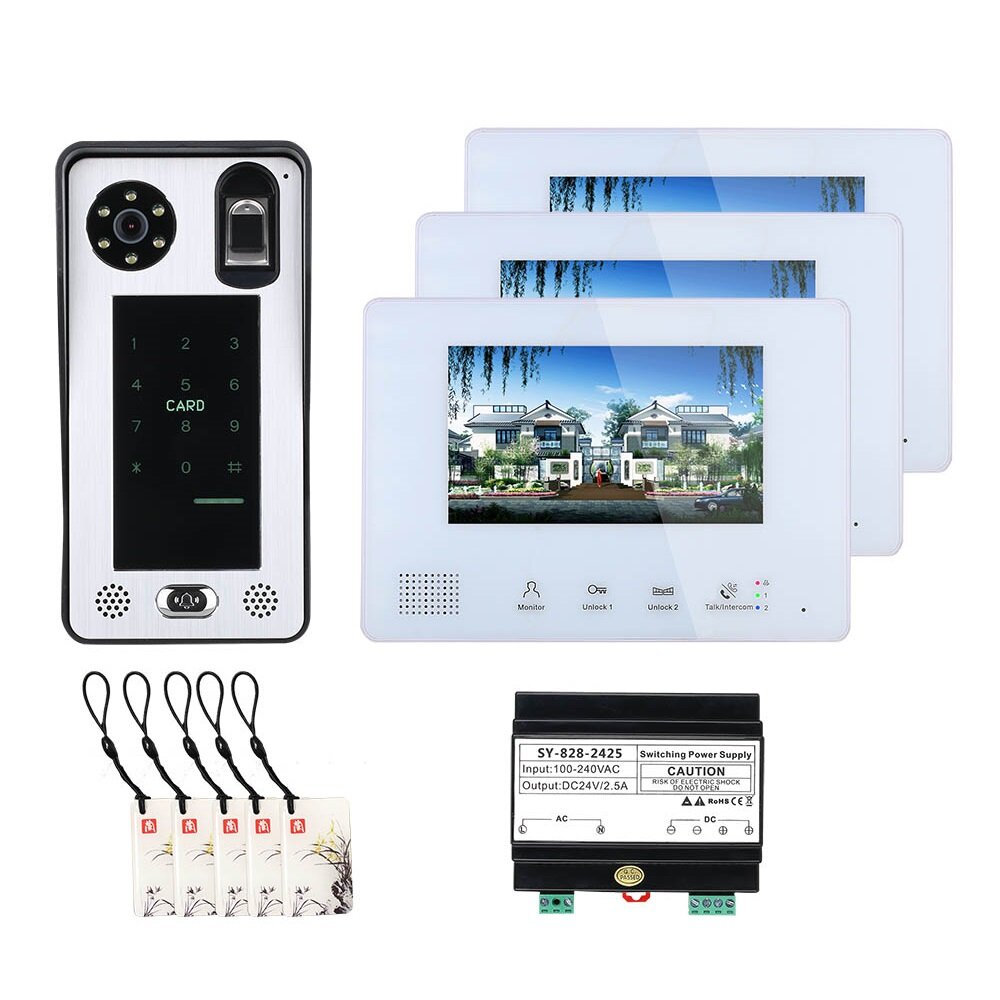 

ENNIO SY828F2JRW13 7 Inch BUS 2 Wire Fingerprint Video Door Phone Intercom Systems for Home 1-doorbell Camera 3-monitor