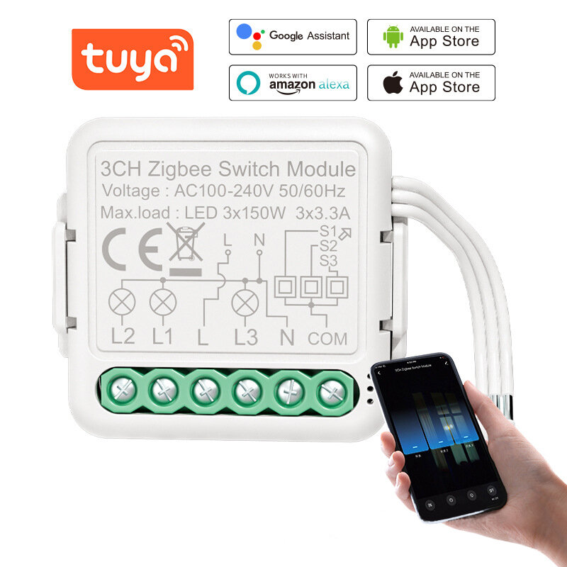 Tuya Smart Zigbee3.0 Switch Module With Neutral 3gang/ Way 100V-240V Wireless Light Switch Relay Com