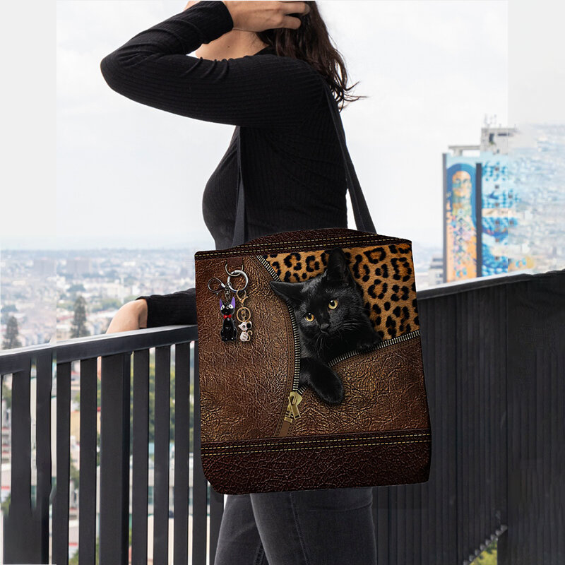 Women Felt Cute 3D Three-dimensional Cartoon Black Cat Pendant Pattern Shoulder Bag Handbag Tote
