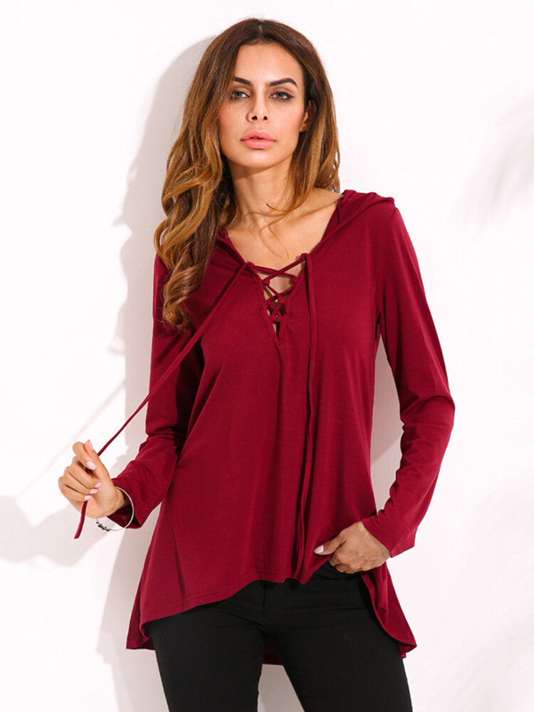 Loose women solid lace up v neck long sleeve hooded t-shirts Sale ...