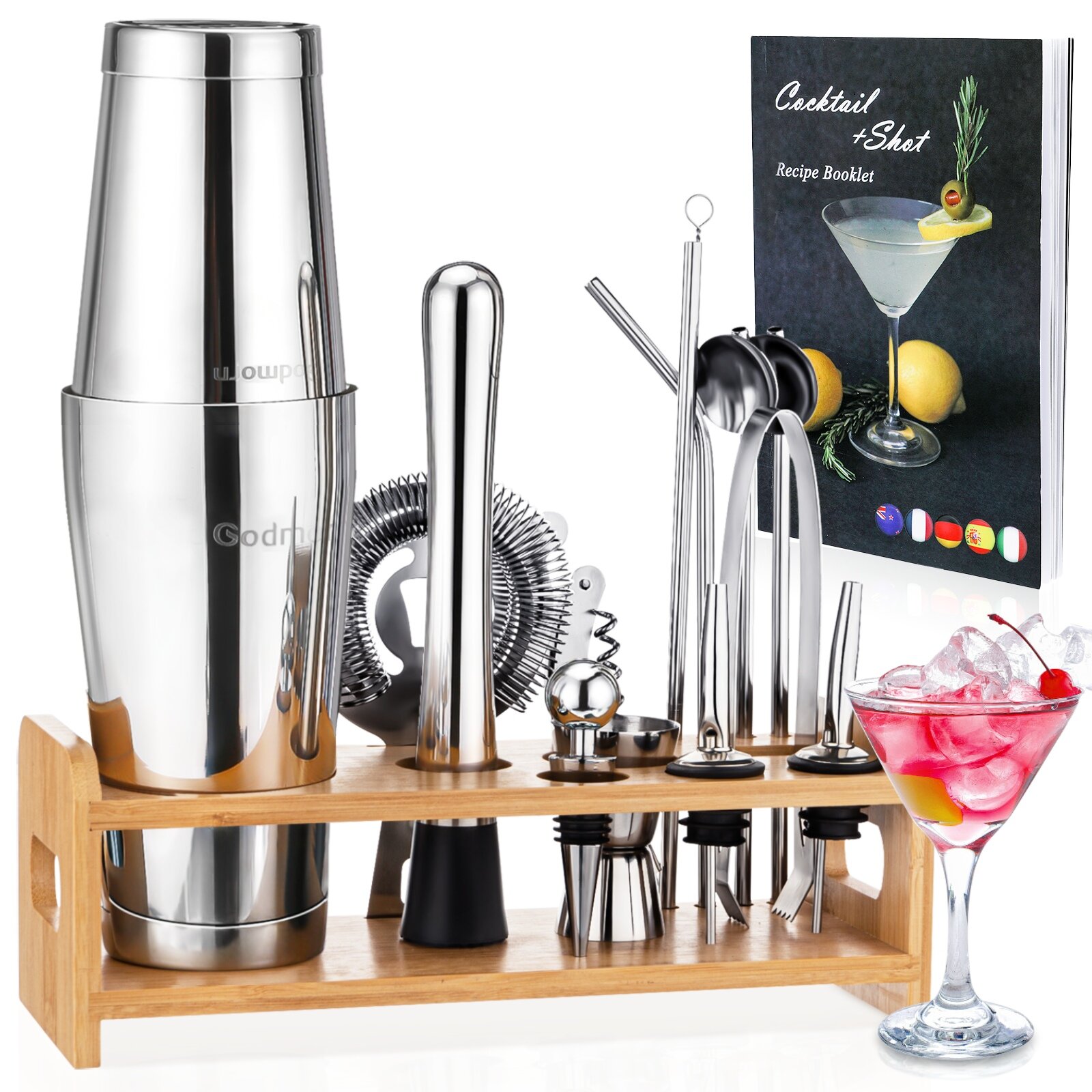 

Stainless Steel 22oz Cocktail Shaker Set with Wood Stand - 16 Piece Bartender Kit with Drink Shaker, Bar Spoon, Jigger,