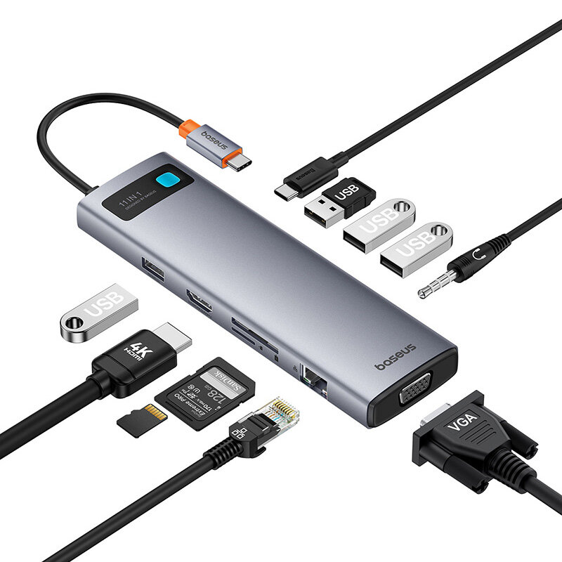 

Baseus Metal Gleam Series 11-in-1 Type-C Docking Station USB Adapter with USB2.0 USB3.0*3 PD100W USB-C HDMI VGA RJ45 SD/