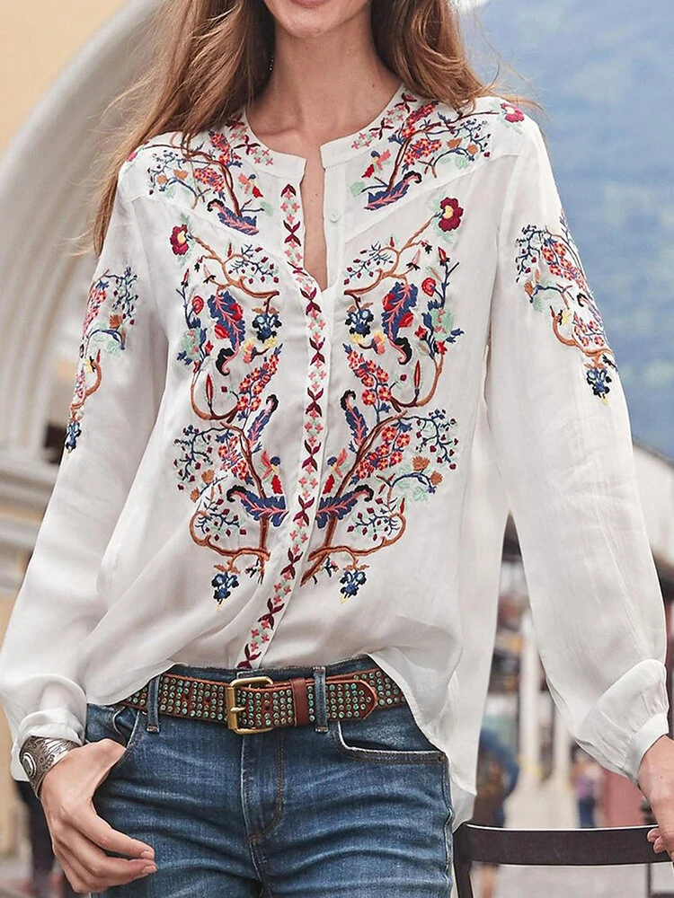 Ethnic style print round neck long sleeve bohemia button blouse for women
