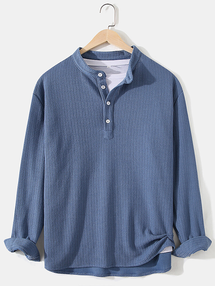 

Mens Knitting Jacquard Solid Texture Long Sleeve Henley Shirts