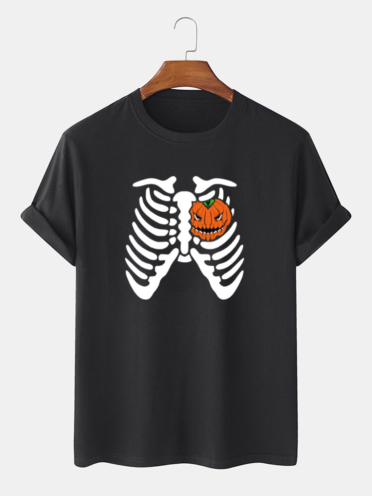 Heren Halloween grappige pompoen bedrukte katoenen T-shirts met korte mouwen