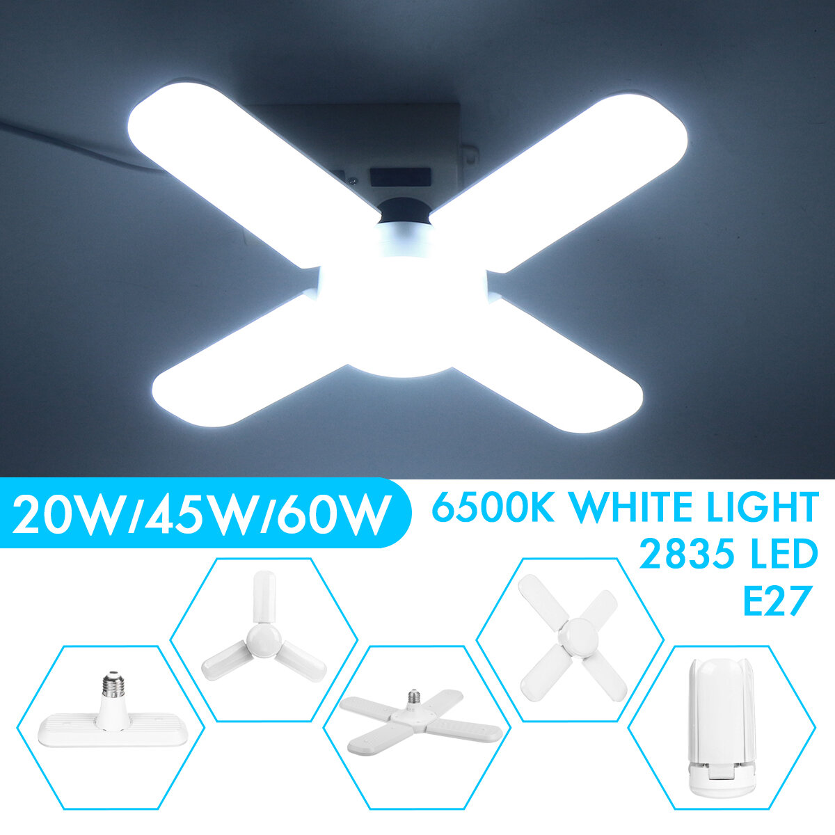 

20W 45W 60W Deformable E27 LED Garage Light Bulb Ceiling Fixture Shop Workshop Lamp AC110-265V