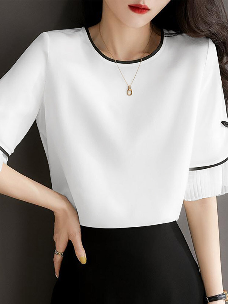 

Контрастная плиссированная блузка с короткими рукавами и круглым вырезом Шея Повседневная блузка