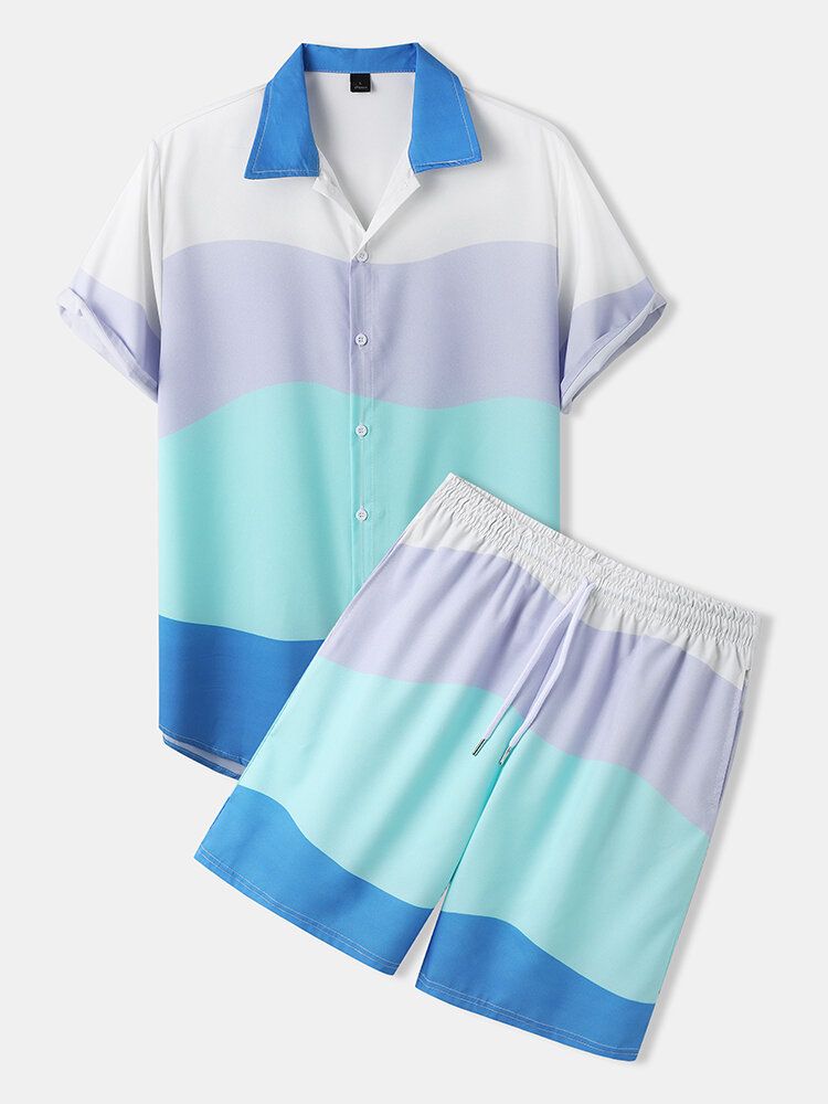 Heren overhemd met korte mouwen en broek met kleurblokkenpatroon Vakantie-combi-sets