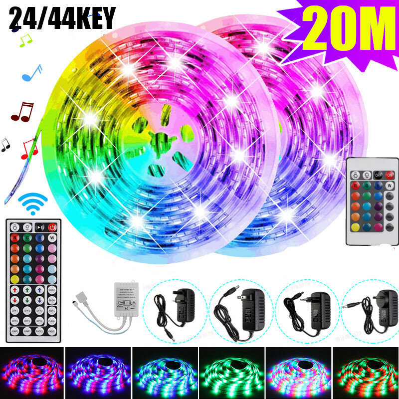 20M 5050 LED Strip Light RGB SMD Tape Ribbon Lamp Stripe Full Kit Non-waterproof 24/44 Keys Remote Controller