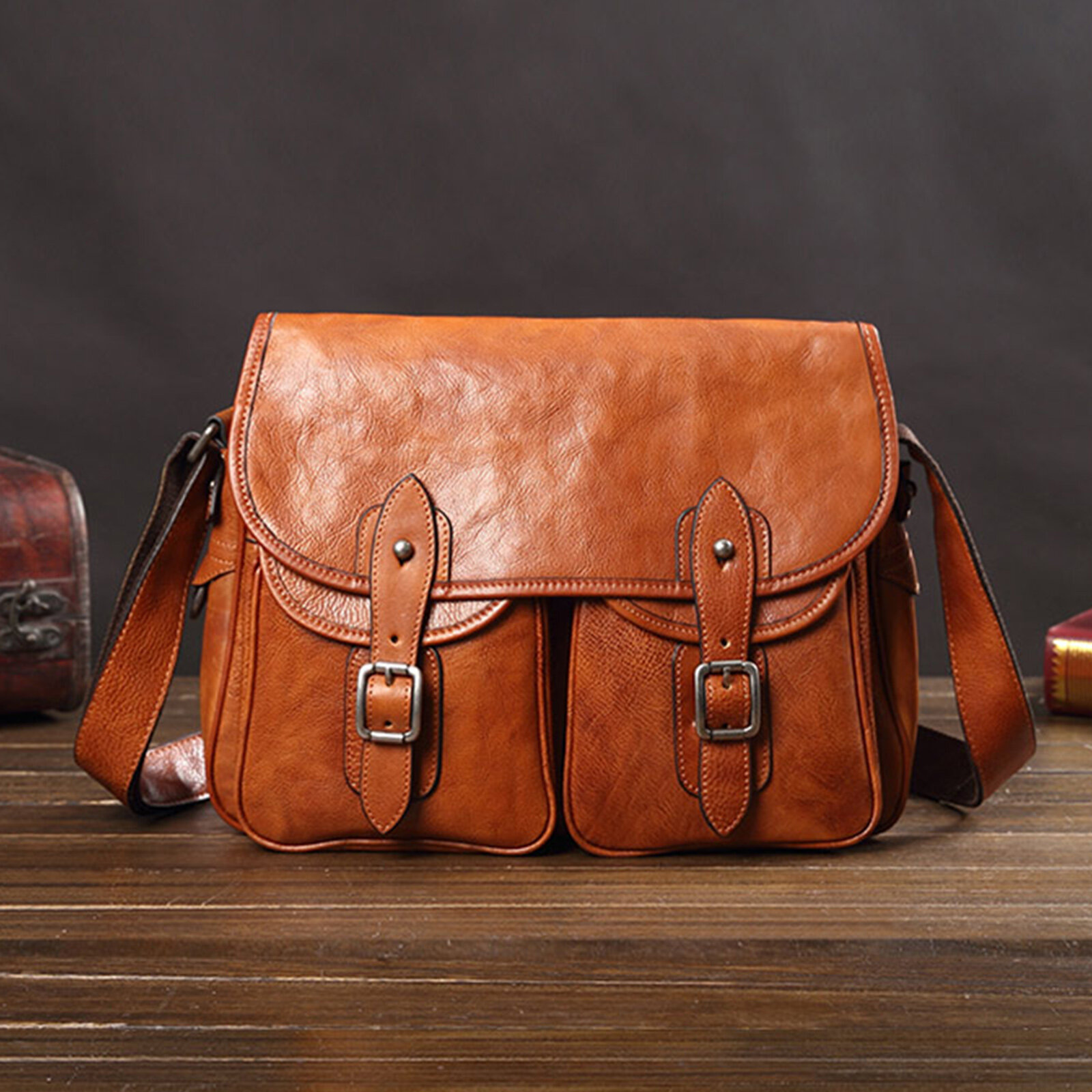 Menico Men Artificial Leather Vintage Large Capacity Crossbody Bag Retro Laptop Brief Bag