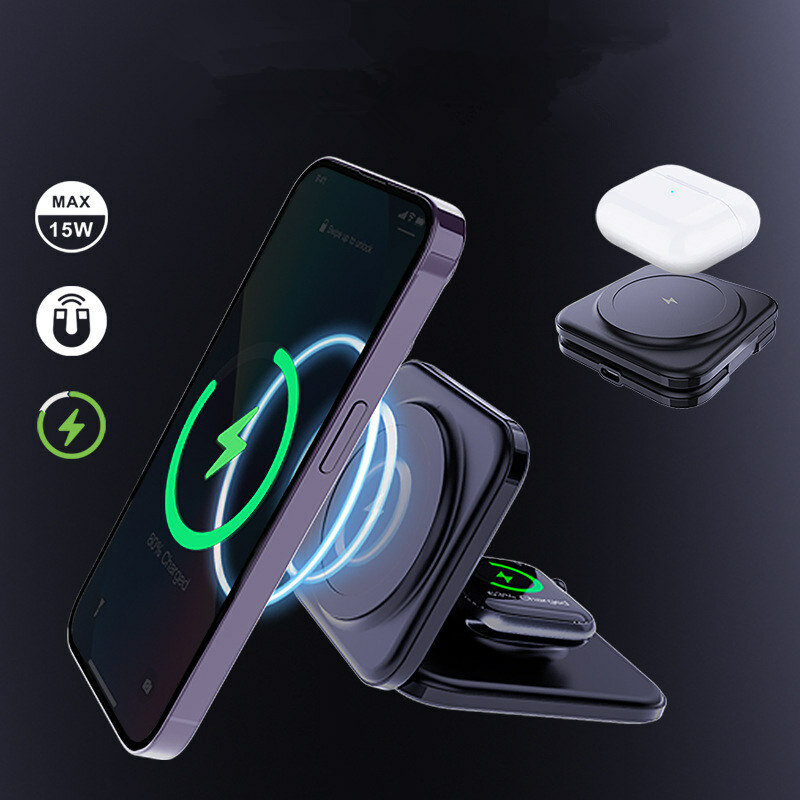 

2 in 1 Magnetic Wireless Charger Foldable Stand for iWatch Ultra/8/7/6 15W Fast Wireless Charging for iPhone 14 Pro/13/1