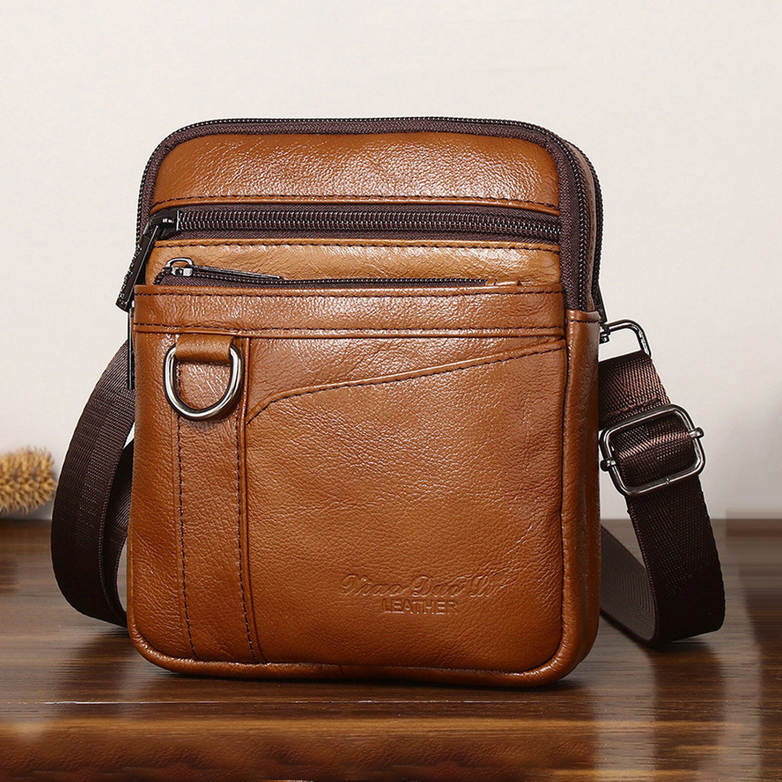 Men Genuine Leather Vintage Multi-compartment Zipper Mobile Phone Bag Shoulder Crossbody Bag