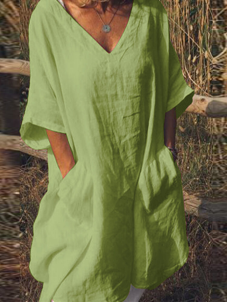 Solid short sleeve v-neck pocket casual dress Sale - Banggood.com sold ...