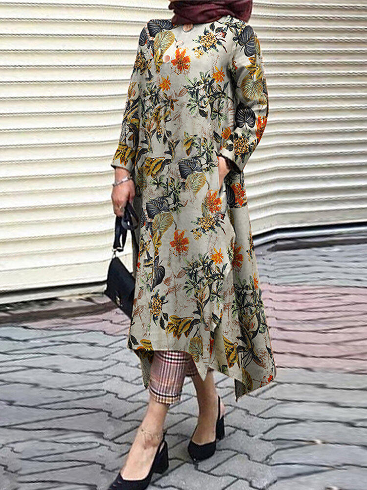 Dames katoenen vintage bloemenprint onregelmatige zoom split kaftan casual midi-jurk