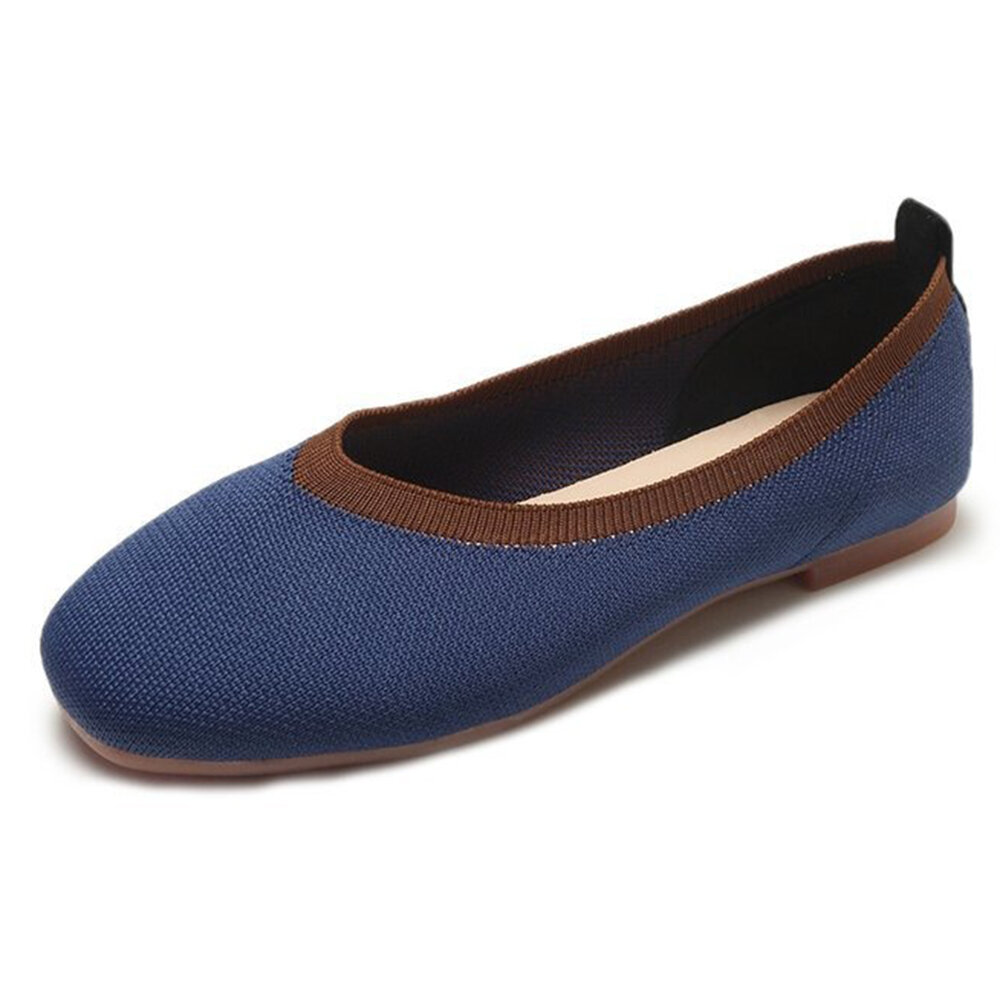 Women Shallow Color Splicing Knit Square Toe Slip On Loafers
