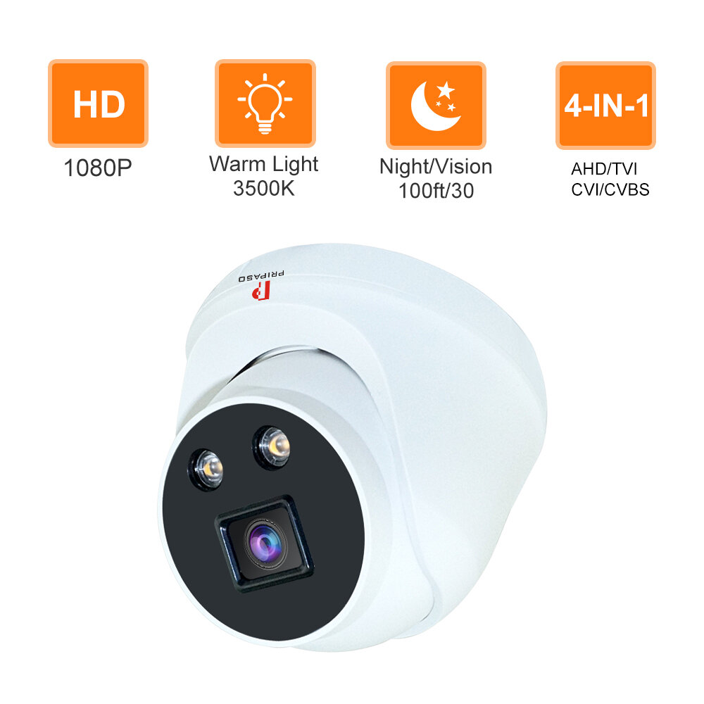 Pripaso 4 in 1 TVI/AHD/CVI Camera 1080P Wide View Mini Dome CCTV Camara Night Vision 3.6mm Lens Analog Camera for Home