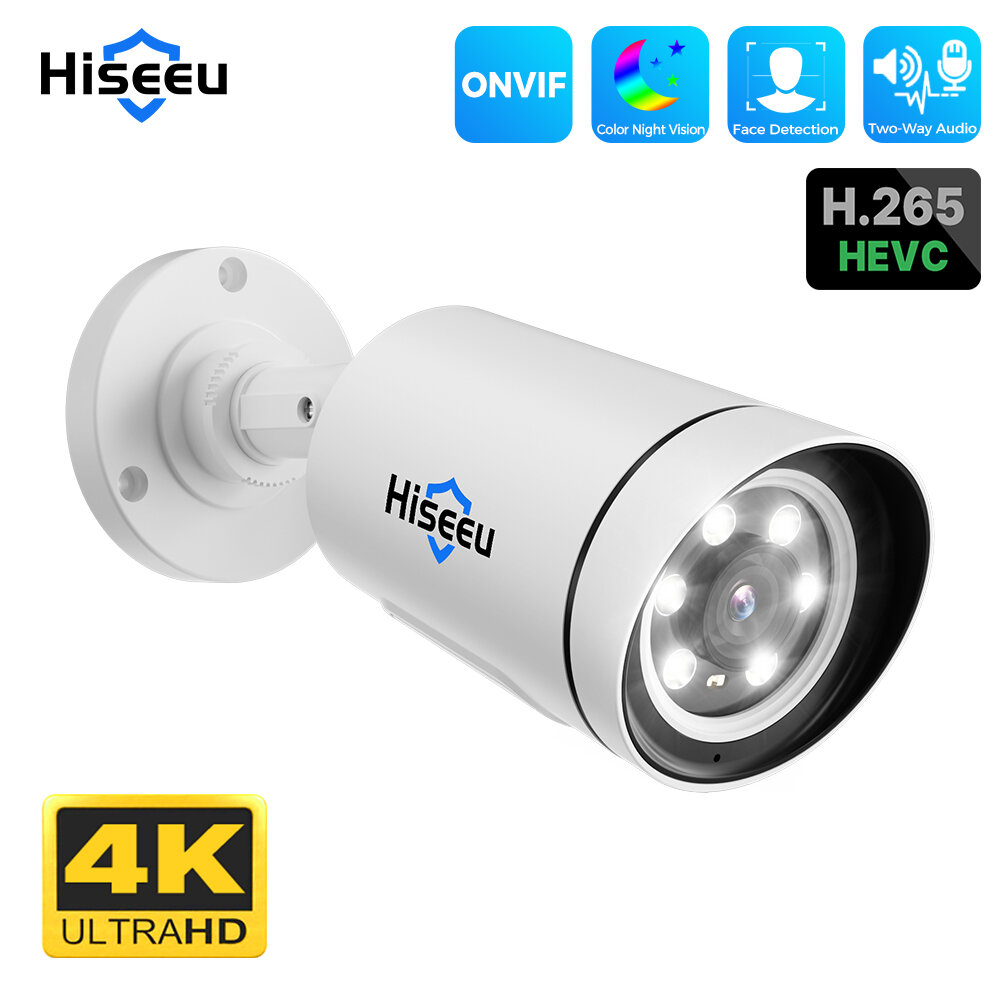 Hiseeu 4K 8MP PoE IP Camera Outdoors Night Vision Motion Detection Two-way Intercom H.265+ Video Surveillance Audio Reco
