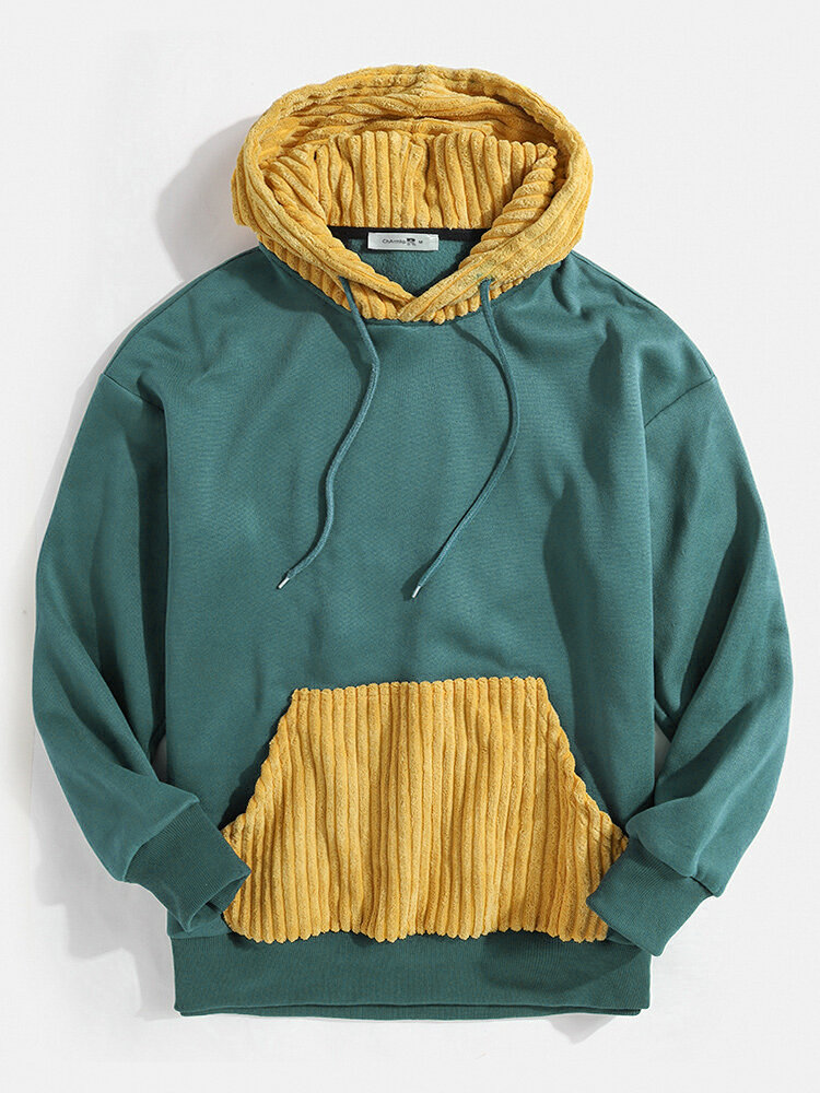 Heren effen kleur patchwork zak eenvoudige groene hoodies met trekkoord
