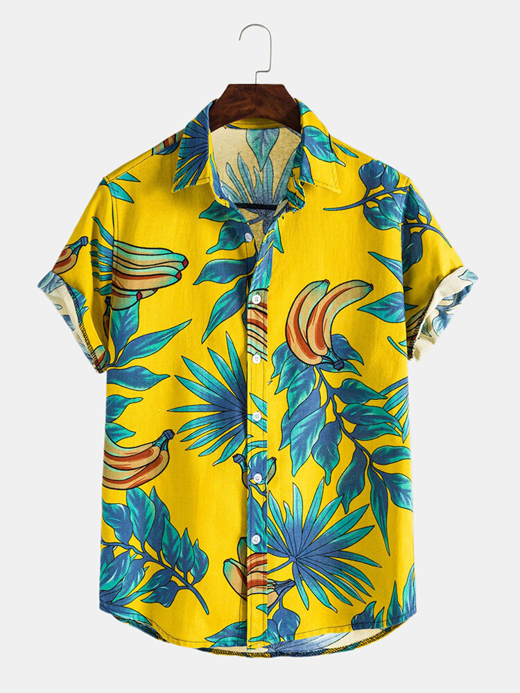 Heren casual Bannana bloemenprint tropische shirts met korte mouwen