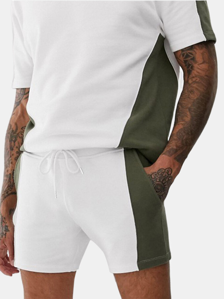 Image of Herren Casual Cotton Hooded Patchwork Sportanzug Elastische Taille Shorts Home Zweiteilige Loungewear