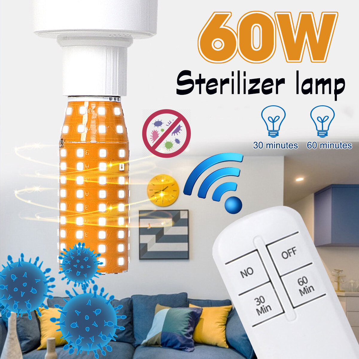 

60W Remote Control 2835 E27 LED Bulb Ultraviolet Sterilization Light Disinfection Home Lamp AC85-265V