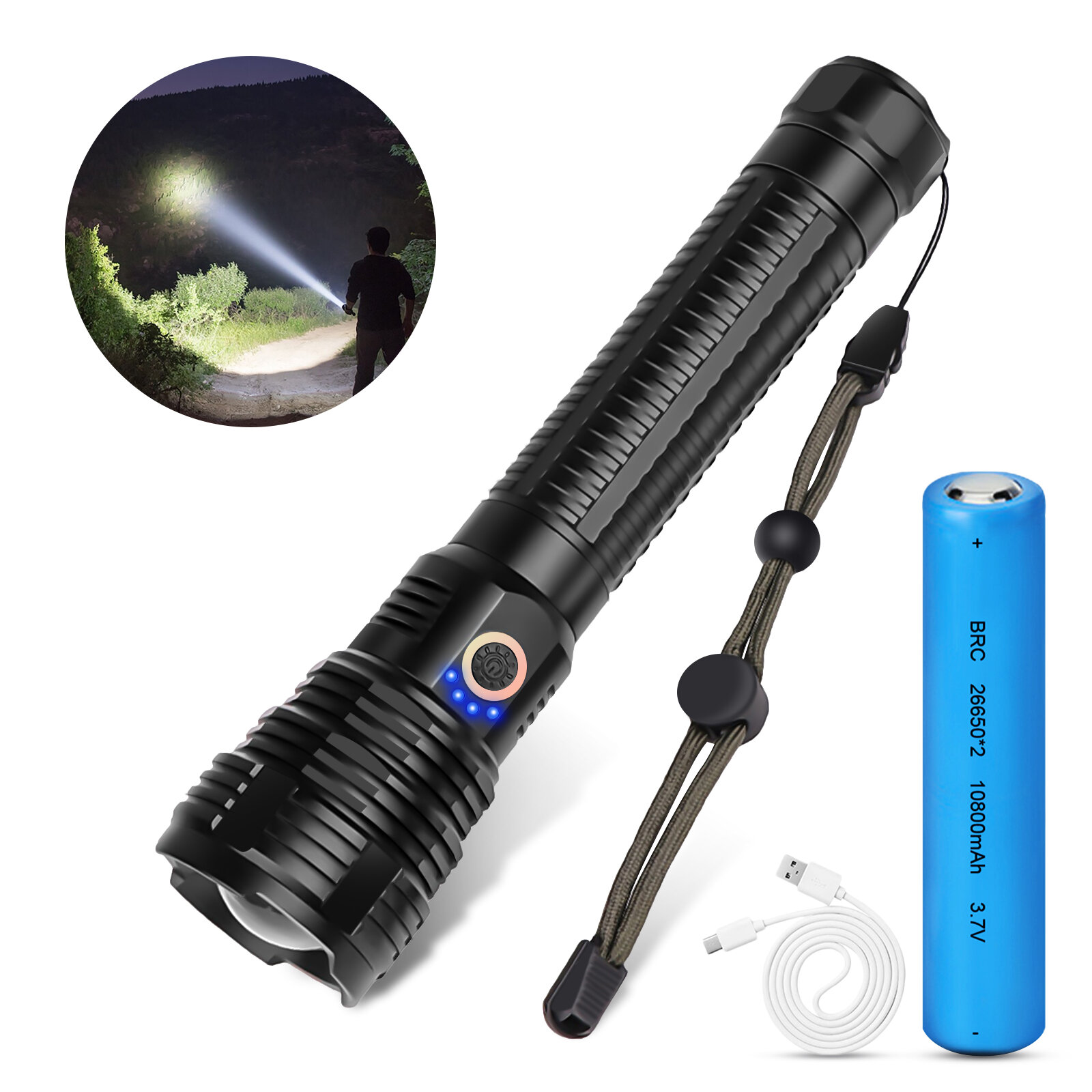 OUTERDO Upgraded USB Rechargeable Xhp90 LED Flashlight 90000 Lumens Zoomable & 3 Modes Lighting Suitable for Outdoor Hik