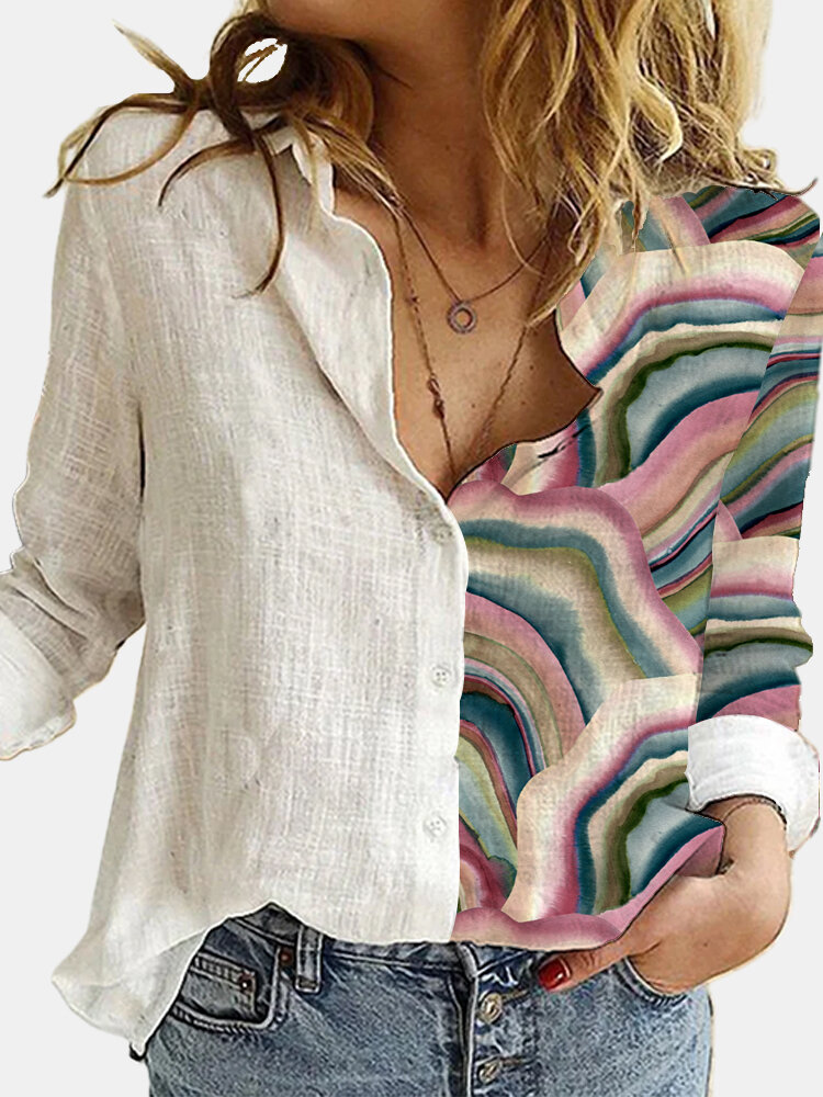 Women Landscape Printed Patchwork Long Sleeve Lapel Casual Button Up Shirt