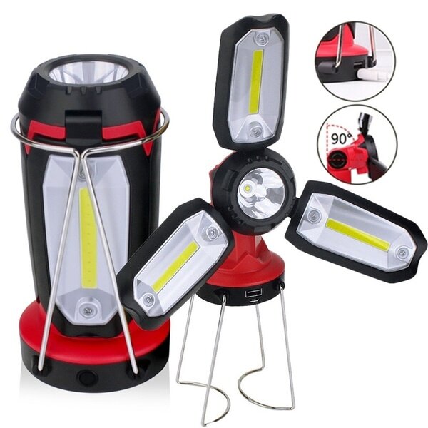 Lanterne de camping 1200mAh avec chargement USB, réglable à plusieurs angles et avec 6 modes de lumière LED pour les urgences