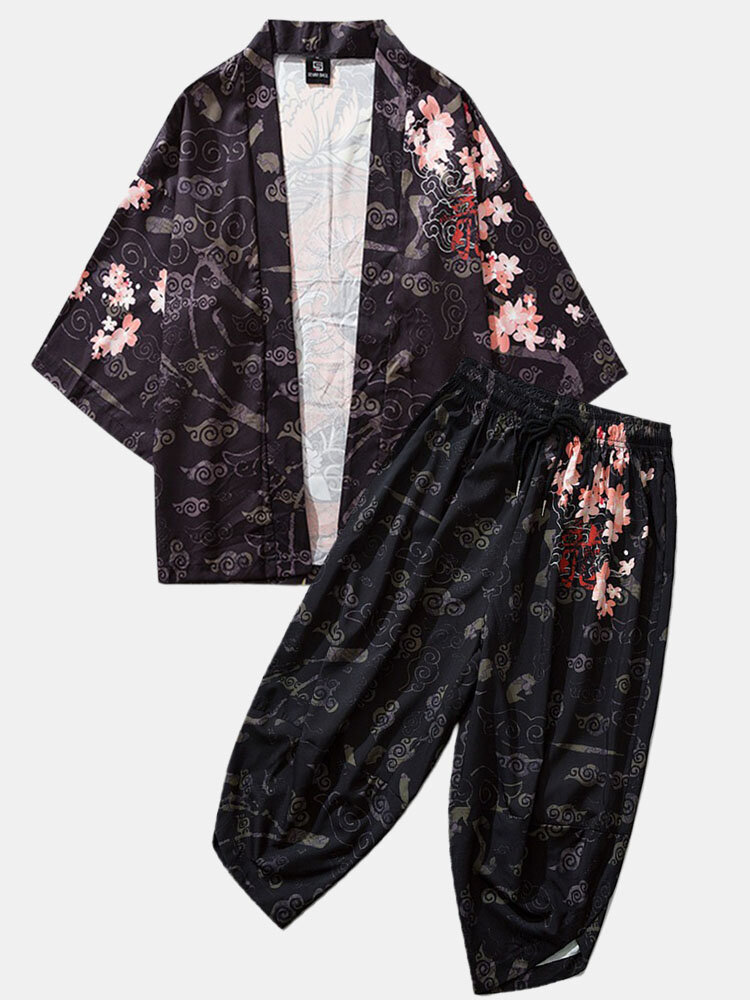 Mens Kimono Ethnic Style Loong Gragon Print Elastic Waist Two Piece Outfits