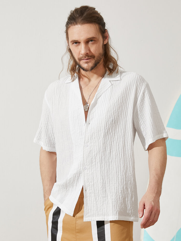 Men Elegant Solid Color Ribbed Texture Short Sleeve Graceful Front Button Shirts