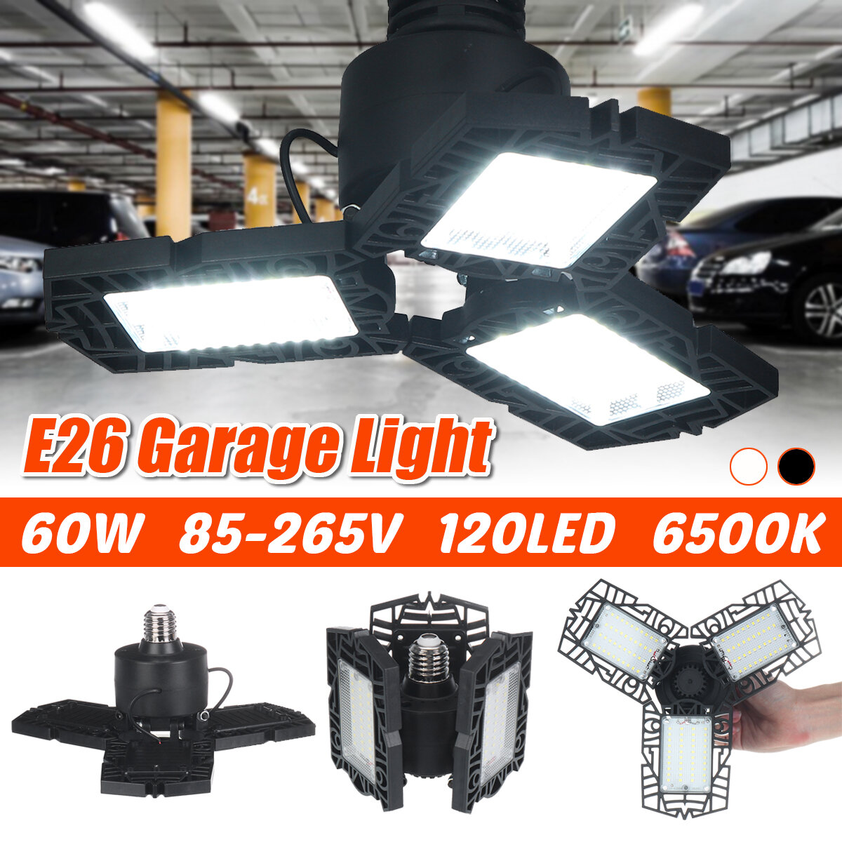 E26 60W 120LED Garage Light Bulb Foldable Fan Industrial Workshop Ceiling Lamp 85-265V
