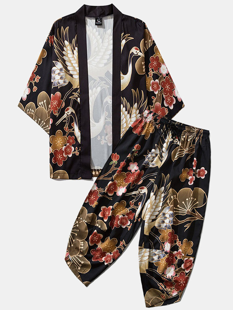 Heren Japanse kimono kraanvogel bloemenprint open voorkant & broek Co-ords