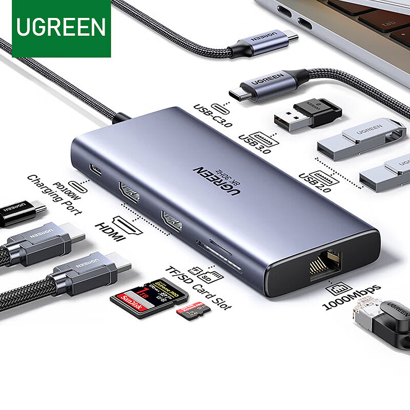 UGreen CM639 10-in-1 USB3.0 Hub Docking Station USB Adapter with USB2.0*2 / USB3.0 / HDMI-Compatible*2 / USB-A&USB-C / RJ45 / SD/TF Card Reader Slot for PC Laptop Huawei Xiaomi MacBook Pro