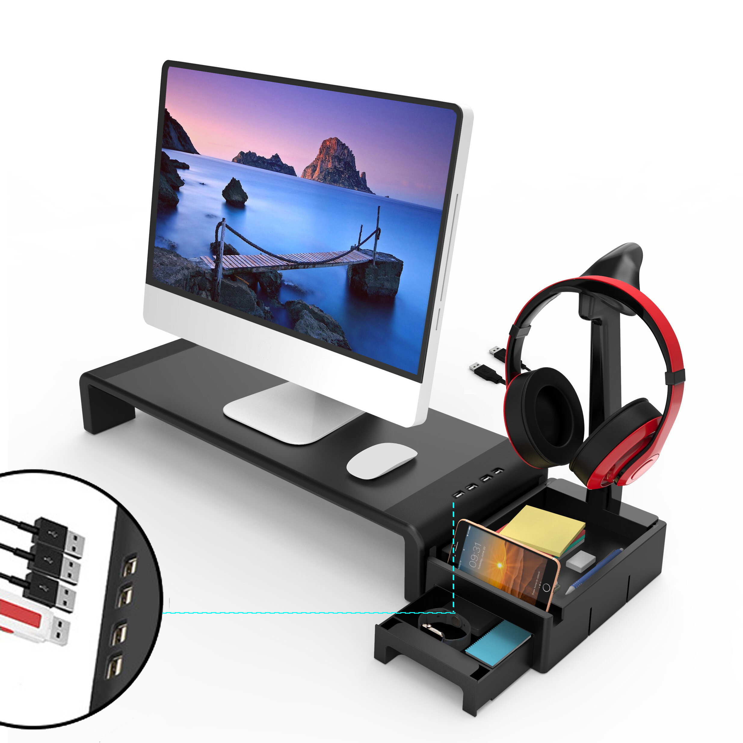 Multifunctionele Monitorstandaard Verhoogde laptopstandaard met 4 USB-poorten Oortelefoonstandaard Desktop-organizer Ladedoos