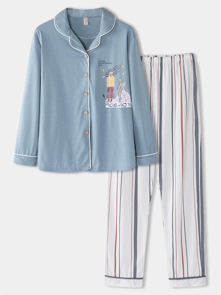 Women Cotton Plus Size Striped Pants Button Long Sleeve Casual Home Pajamas Sets