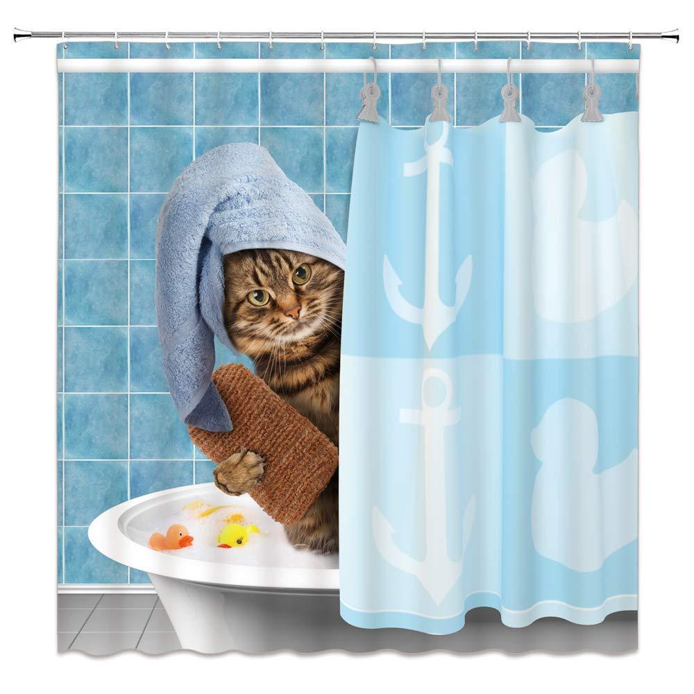 Cat Bathing Bathroom Shower Curtain Waterproof Fabric With 12 Hooks