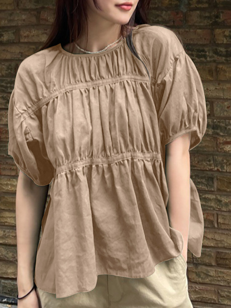 Solid Ruched Cotton Puff Sleeve Round Neck Casual Blouse