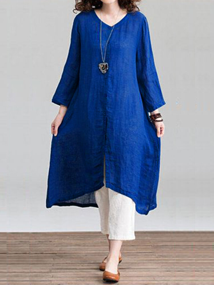 Vintage Women Solid Loose Round Neck Button Down Front 3/4 Sleeve Dress