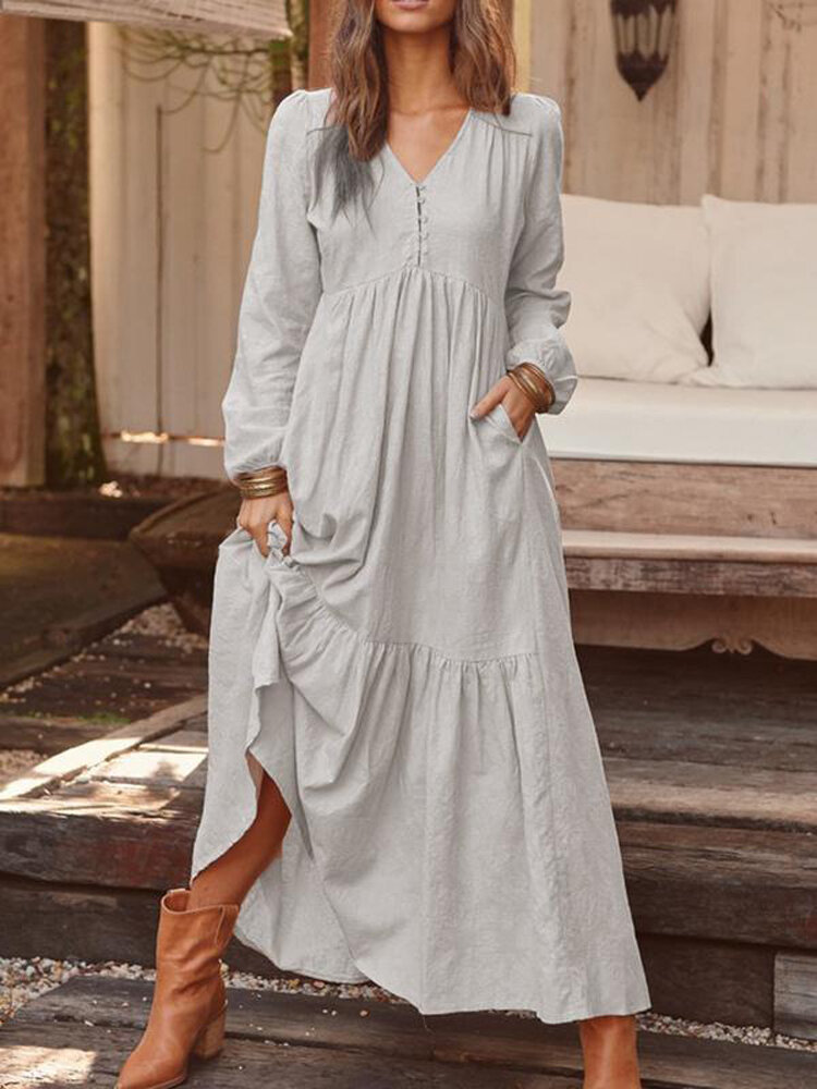 Women Solid Color V-neck Button Pleated Long Sleeve Vintage Maxi Dress