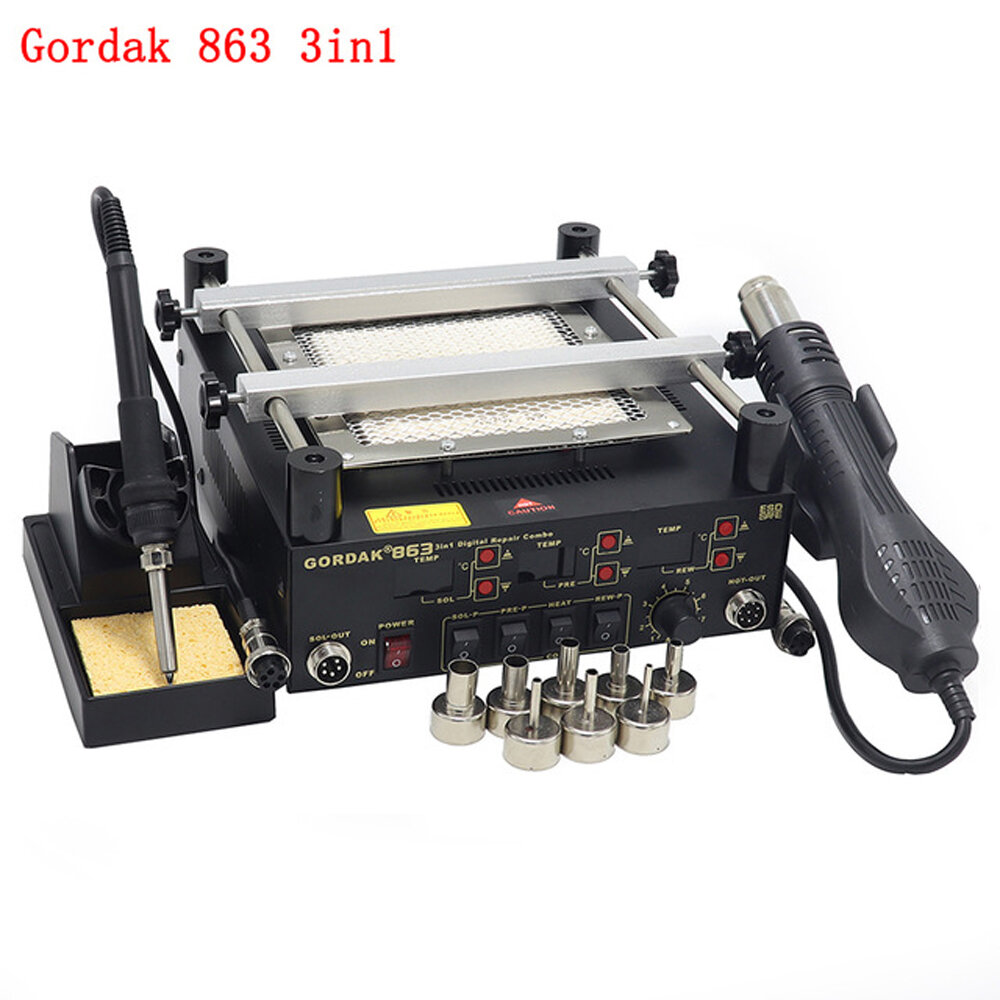 

Gordak 863 3 in 1 BGA Rework Solder Hot Air Solder Station Electric Soldering iron IR Infrared Preheating Station