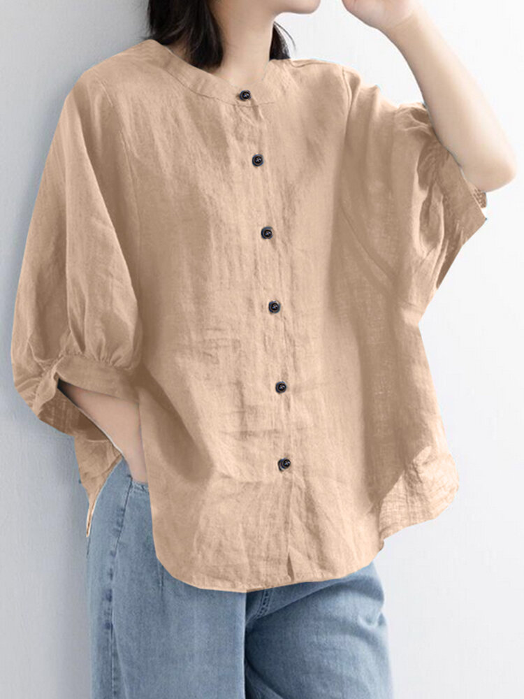 Women 100% Cotton Solid Color Button Narrow Cuffs Casual Blouses