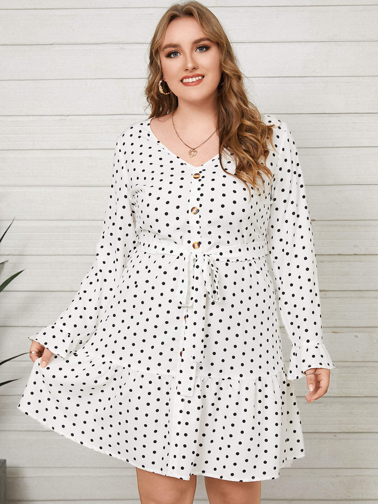 

Plus Size V-neck Polka Dot Belt Design Button Design Dress