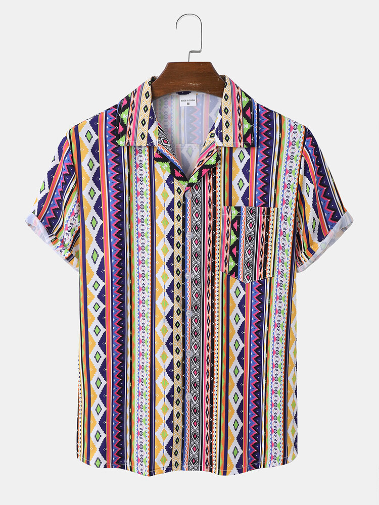Men Ethnic Style Single Pocket Regular Revere Collar Retro Soft Breathable Shirts