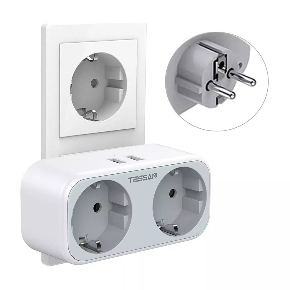 TESSAN TS-321-DE German/EU Wall Socket Extender with 2 AC Outlets/2 USB Ports Travel Power Adapter Overload Protection S