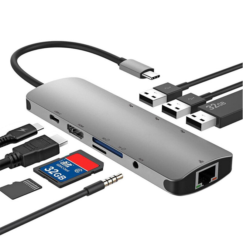 

Bakeey 9-в-1, адаптер для док-станции концентратора USB-C с 4K HDMI HD Дисплей / USB-C PD3.0 Power Delivery / RJ45 Ether