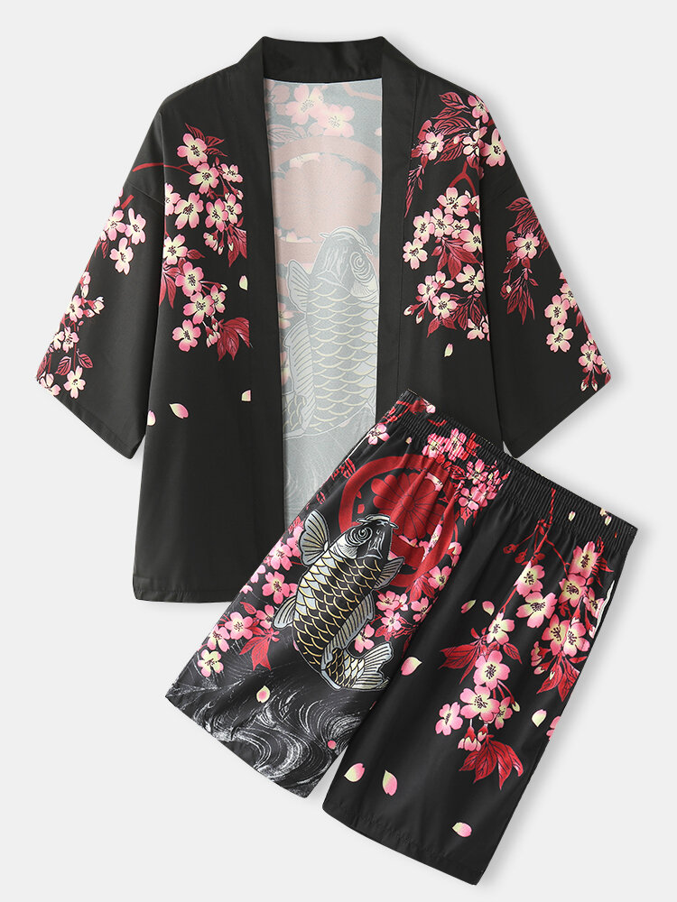 Heren Kimono Karper & Bloemenprint Japanse Vis Elastische Taille Tweedelige Outfits