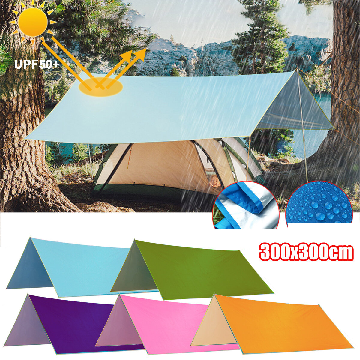 Tenda Multifuncional Anit-UV de 3x3m Encerado para Chuva Protetor Solar Abrigo Rede Tapete de Piquenique para Acampamento Caminhadas Viagem